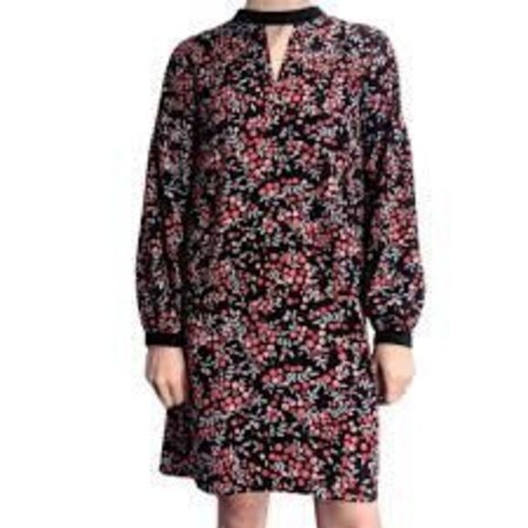 Loft Size S Long Sleeve Shift Dress Red Berry Floral Velvet Trim Cutout Fall - Picture 3 of 14